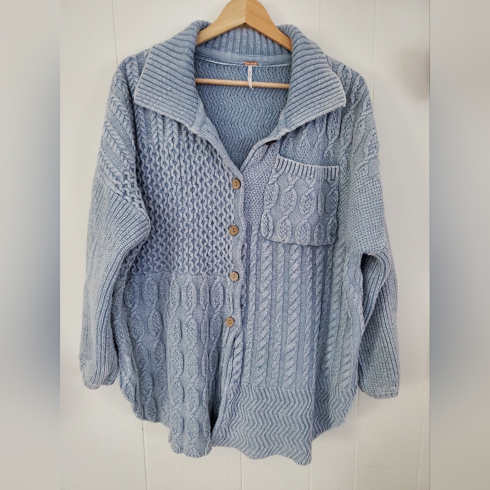 Free people blue patchwork cable knit cardigan